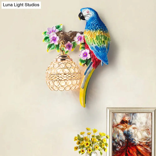 Antiqued Single Light Wall Sconce With Resin Parrot Design - Drawing Room Floral Lighting Idea In