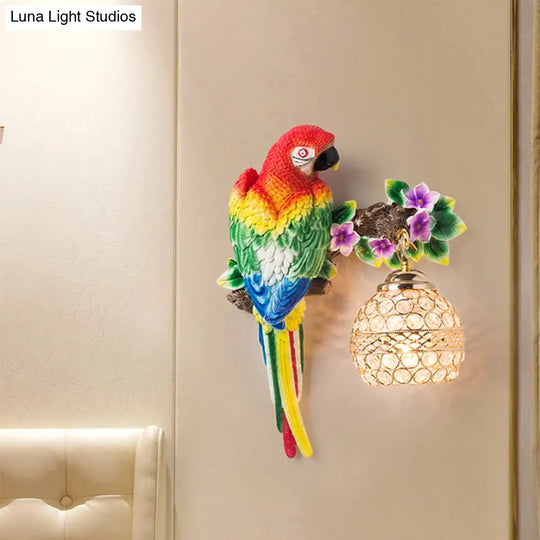 Antiqued Single Light Wall Sconce With Resin Parrot Design - Drawing Room Floral Lighting Idea In