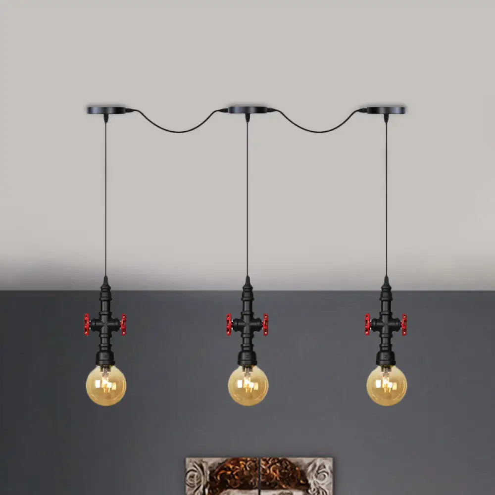 Antiqued Sphere Multi Light Chandelier With Amber Glass Pendant - Led Suspension In Black