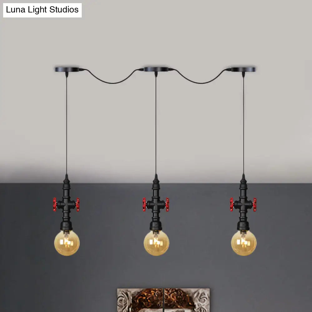 Antiqued Sphere Chandelier With Led Lights - 3/5/7-Bulb Amber Glass Pendant In Black 3 /