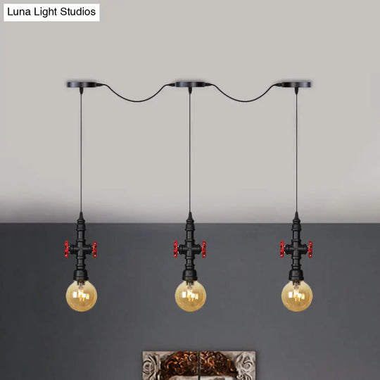 Antiqued Sphere Chandelier With Led Lights - 3/5/7-Bulb Amber Glass Pendant In Black 3 /