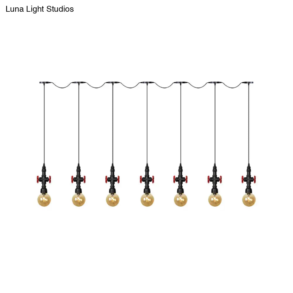 Antiqued Sphere Multi Light Chandelier With Amber Glass Pendant - Led Suspension In Black