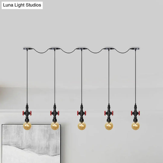 Antiqued Sphere Multi Light Chandelier With Amber Glass Pendant - Led Suspension In Black