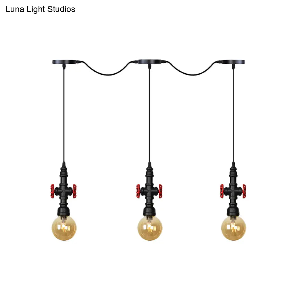 Antiqued Sphere Multi Light Chandelier With Amber Glass Pendant - Led Suspension In Black