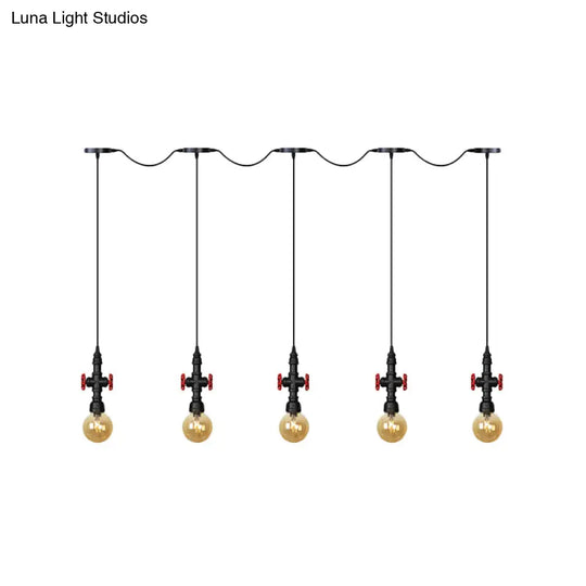 Antiqued Sphere Multi Light Chandelier With Amber Glass Pendant - Led Suspension In Black