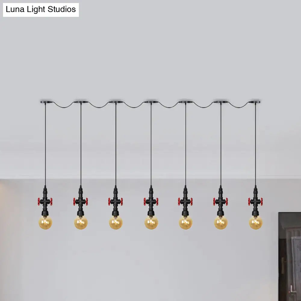 Antiqued Sphere Multi Light Chandelier With Amber Glass Pendant - Led Suspension In Black