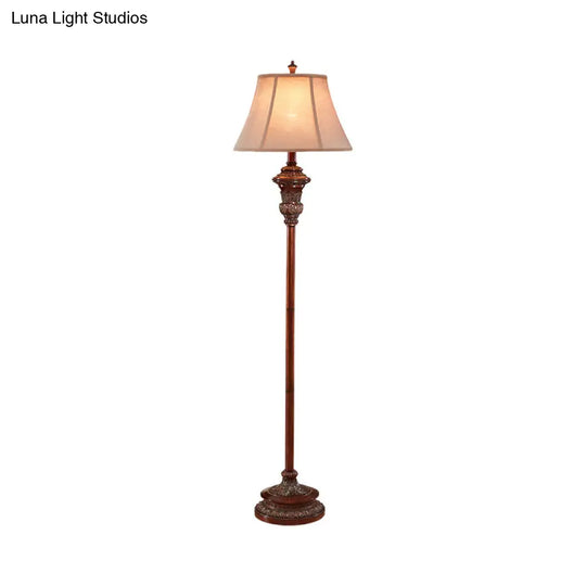 Antiqued Style Floor Reading Lamp With Bell Shade - 1 Head Fabric Light In Brown For Guest Room