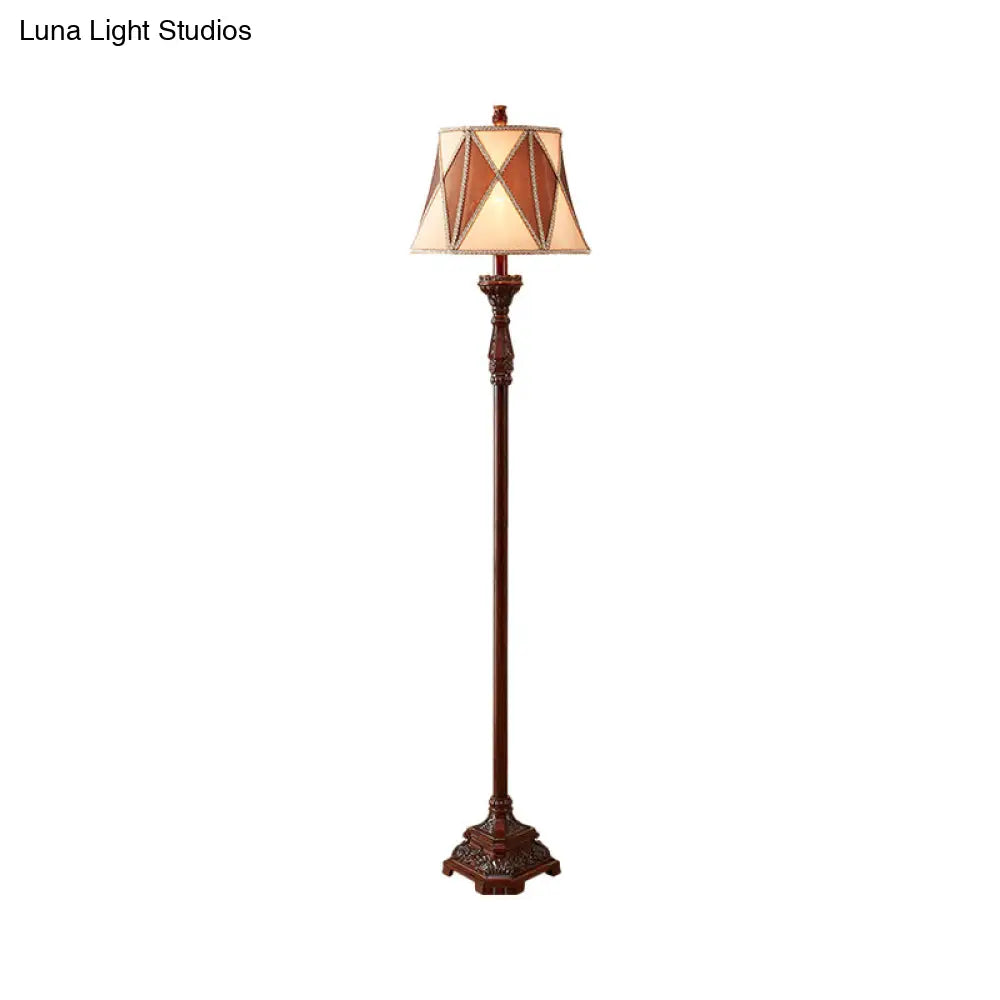 Antiqued Style Red Brown Floor Lamp With Harlequin Design And Flared Fabric Shade 1 Bulb