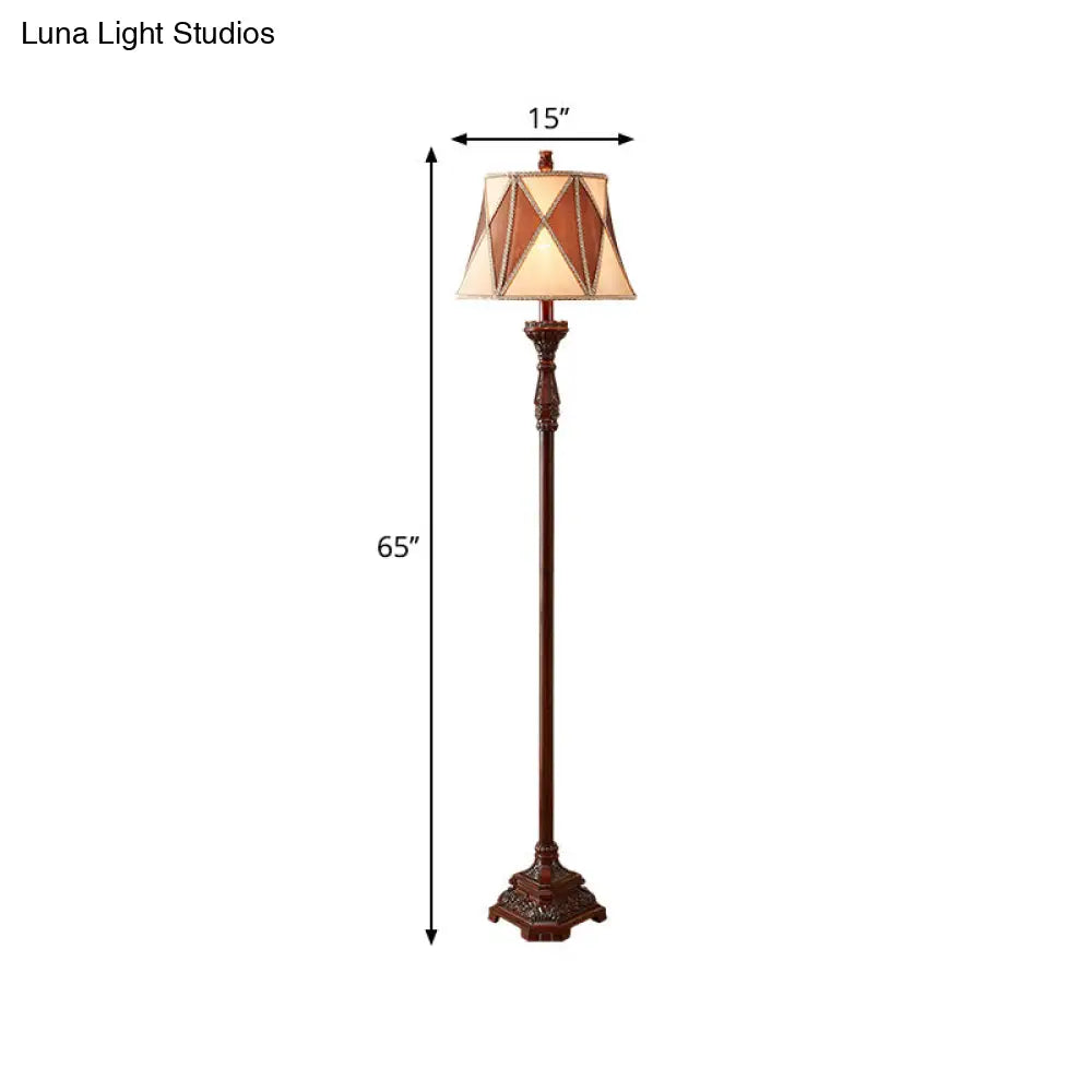 Antiqued Style Red Brown Floor Lamp With Harlequin Design And Flared Fabric Shade 1 Bulb