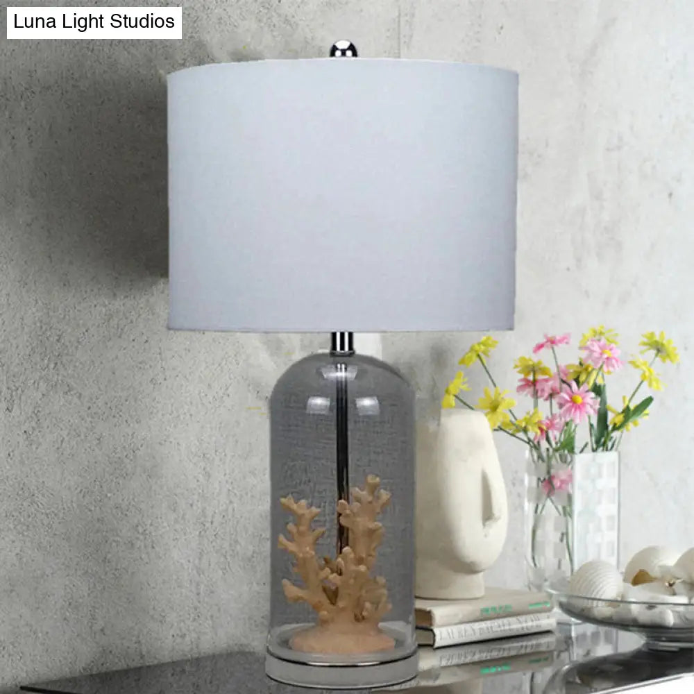 Antiqued Style Table Lamp - White Drum Shade Glass Base