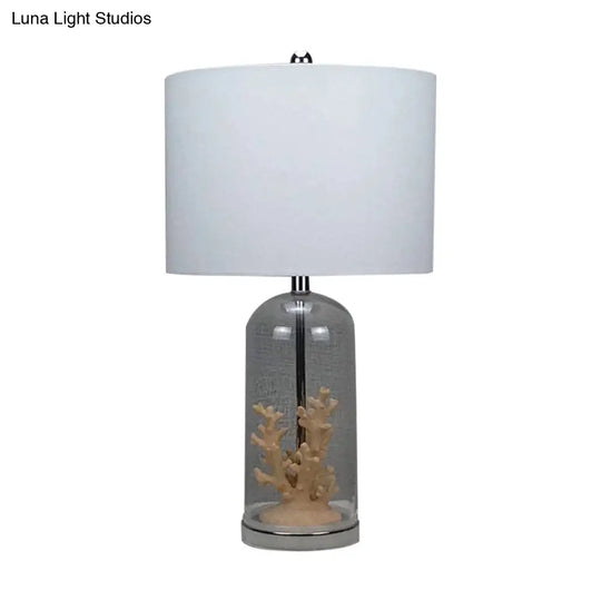 Antiqued Style Table Lamp - White Drum Shade Glass Base