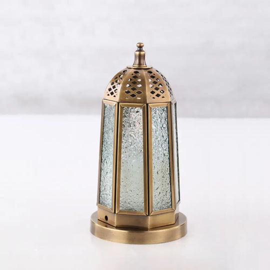 Antiqued Tower Desk Lamp - Clear Pebbled Glass Night Table Light With 1 Head In Brass Finish