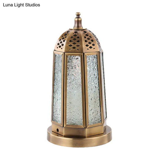 Antiqued Tower Desk Lamp - Clear Pebbled Glass Night Table Light With 1 Head In Brass Finish