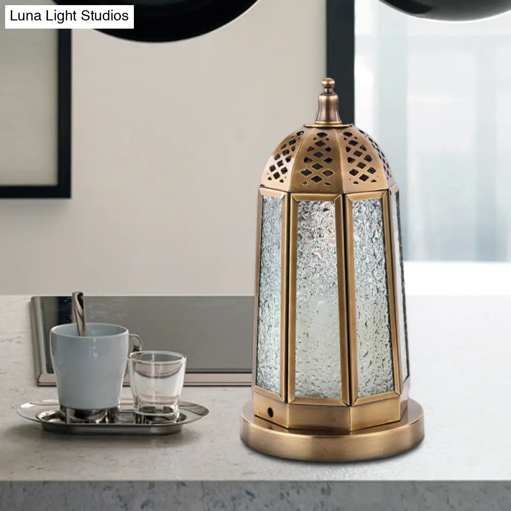 Antiqued Tower Desk Lamp - Clear Pebbled Glass Night Table Light With 1 Head In Brass Finish