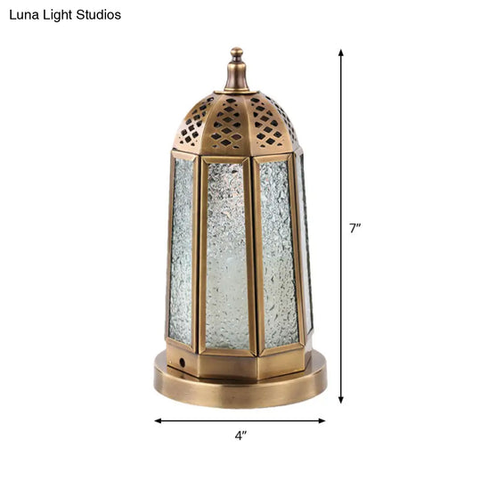 Antiqued Tower Desk Lamp - Clear Pebbled Glass Night Table Light With 1 Head In Brass Finish