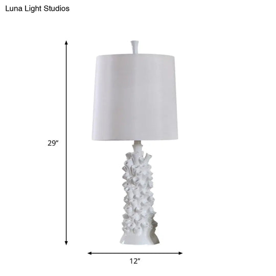 Antiqued White Barrel Shade Night Table Lamp With Resin Base