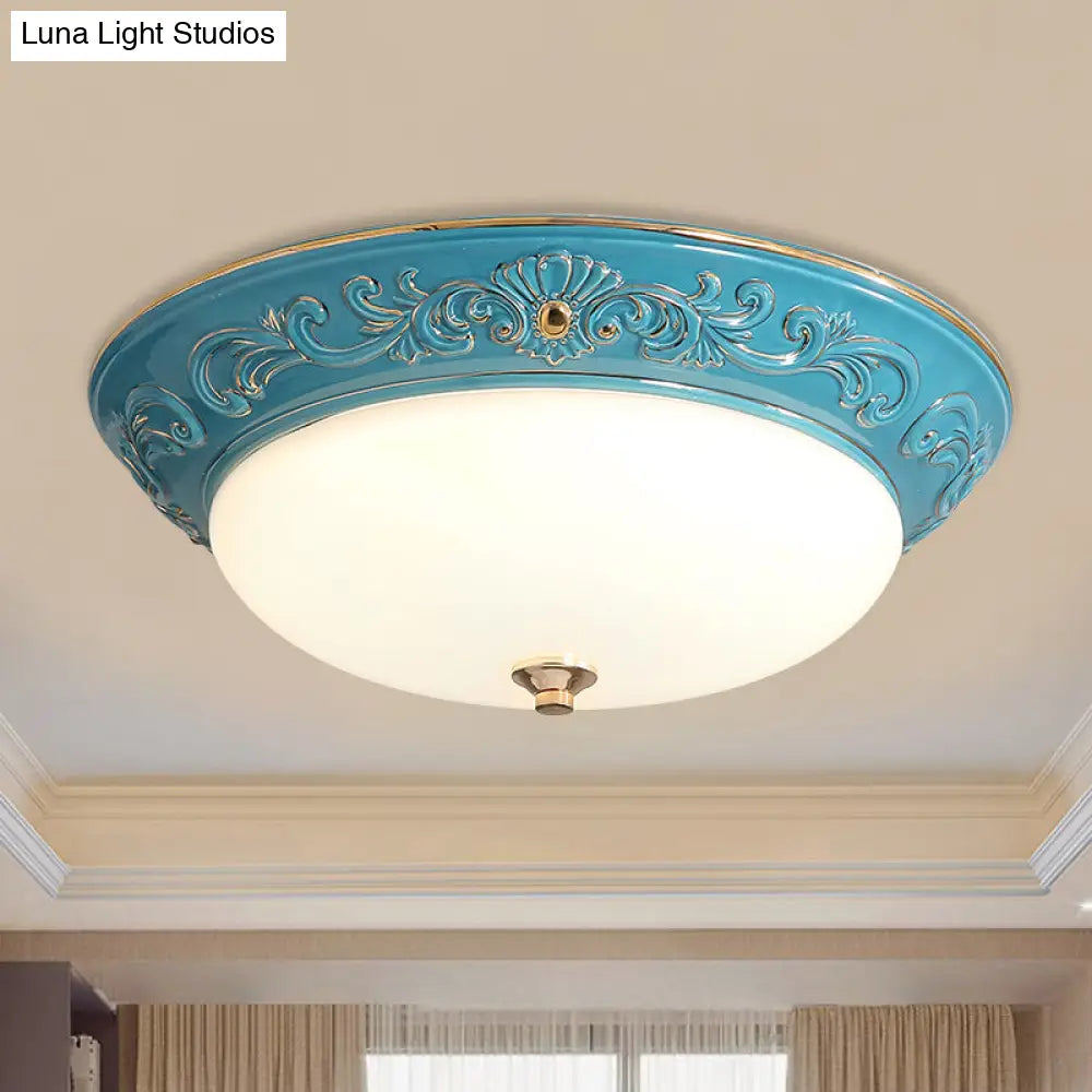 Antiqued White Glass Led Flush Mount Light For Bedroom Oblong Shape With Yellow/Blue/Light Blue