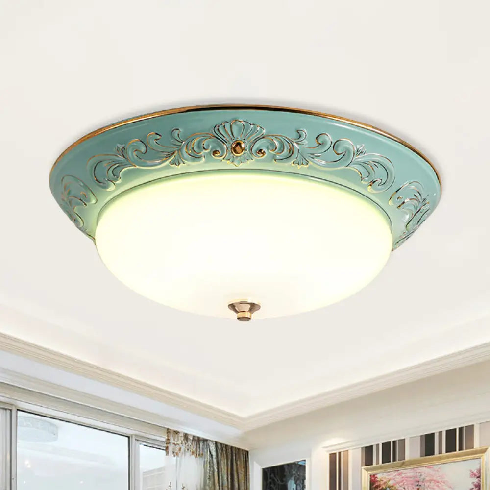 Antiqued White Glass Led Flush Mount Light For Bedroom Oblong Shape With Yellow/Blue/Light Blue