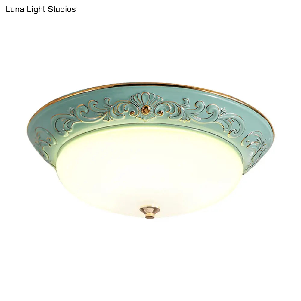 Antiqued White Glass Led Flush Mount Light For Bedroom Oblong Shape With Yellow/Blue/Light Blue