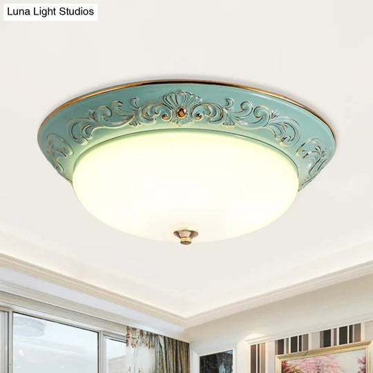 Antiqued White Glass Led Flush Mount Light For Bedroom Oblong Shape With Yellow/Blue/Light Blue