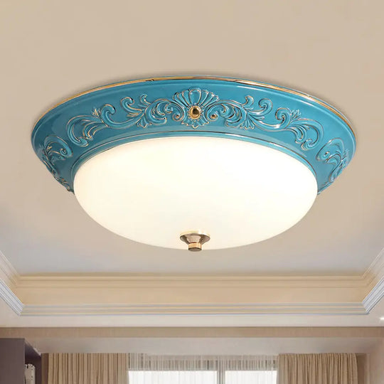 Antiqued White Glass Led Flush Mount Light For Bedroom Oblong Shape With Yellow/Blue/Light Blue