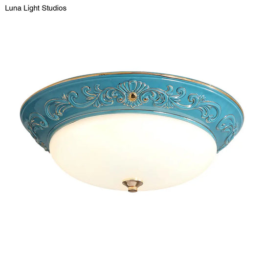 Antiqued White Glass Led Flush Mount Light For Bedroom Oblong Shape With Yellow/Blue/Light Blue