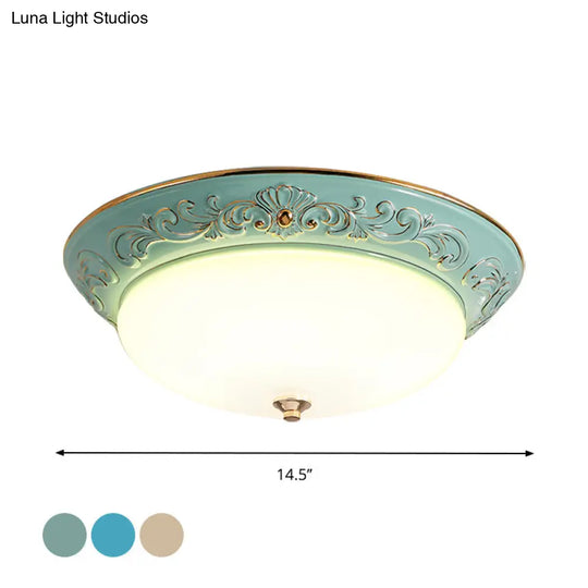 Antiqued White Glass Led Flush Mount Light For Bedroom Oblong Shape With Yellow/Blue/Light Blue