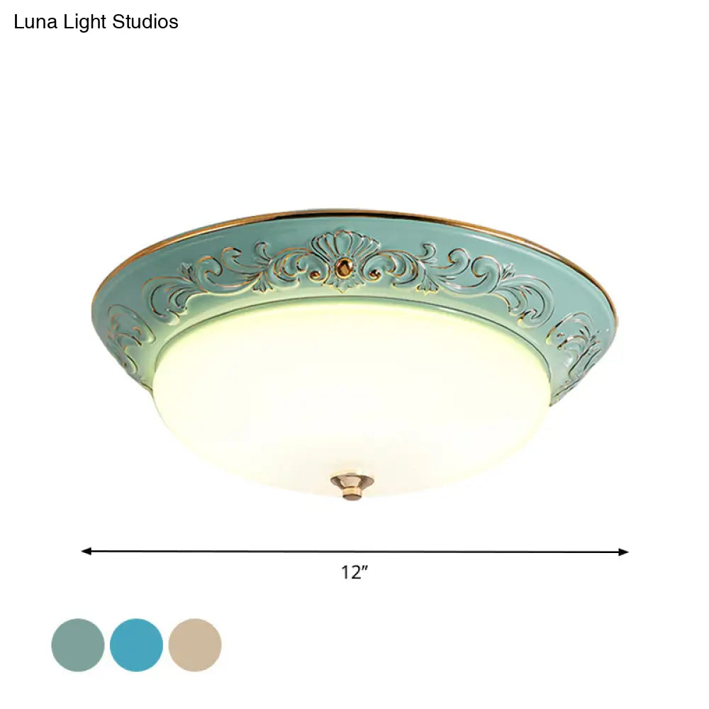 Antiqued White Glass Led Flush Mount Light For Bedroom Oblong Shape With Yellow/Blue/Light Blue