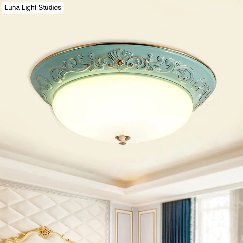 Antiqued White Glass Led Flush Mount Light For Bedroom Oblong Shape With Yellow/Blue/Light Blue