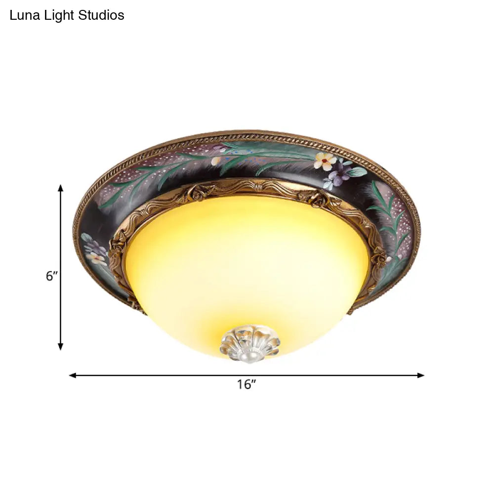 Antiqued Yellow Glass Led Flush Mount Fixture - Brass Domed Lighting 12/16 Wide Bedroom