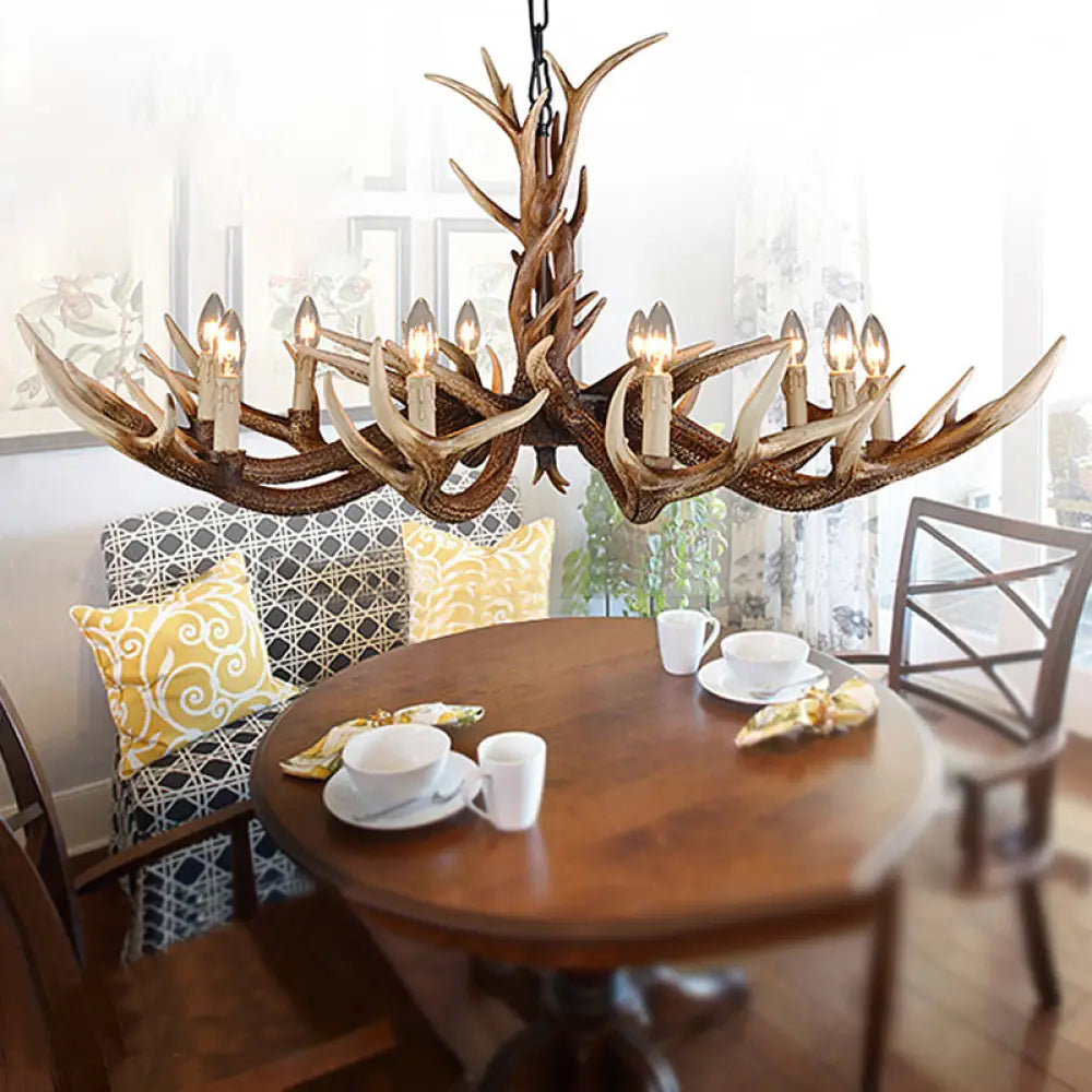 Antler Chandelier: Resin Countryside Living Room Lighting 10 / Brown