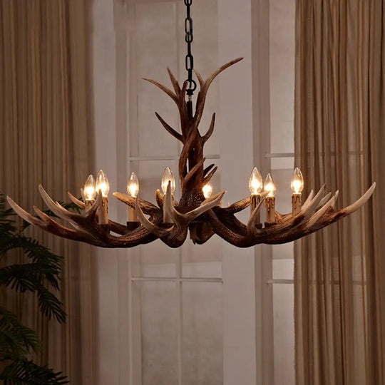 Antler Chandelier: Resin Countryside Living Room Lighting 8 / Brown