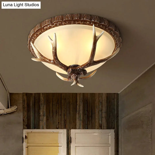 Antler Decorated Traditional Flushmount Ceiling Light With Frost Glass - 3 Heads For Restaurants