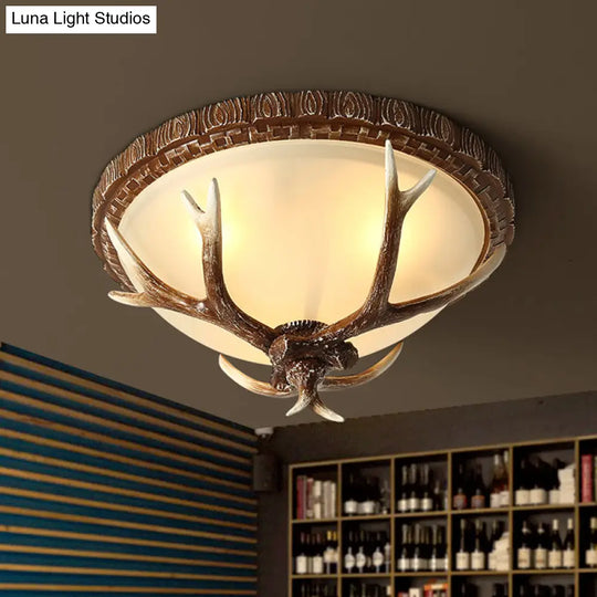 Antler Decorated Traditional Flushmount Ceiling Light With Frost Glass - 3 Heads For Restaurants