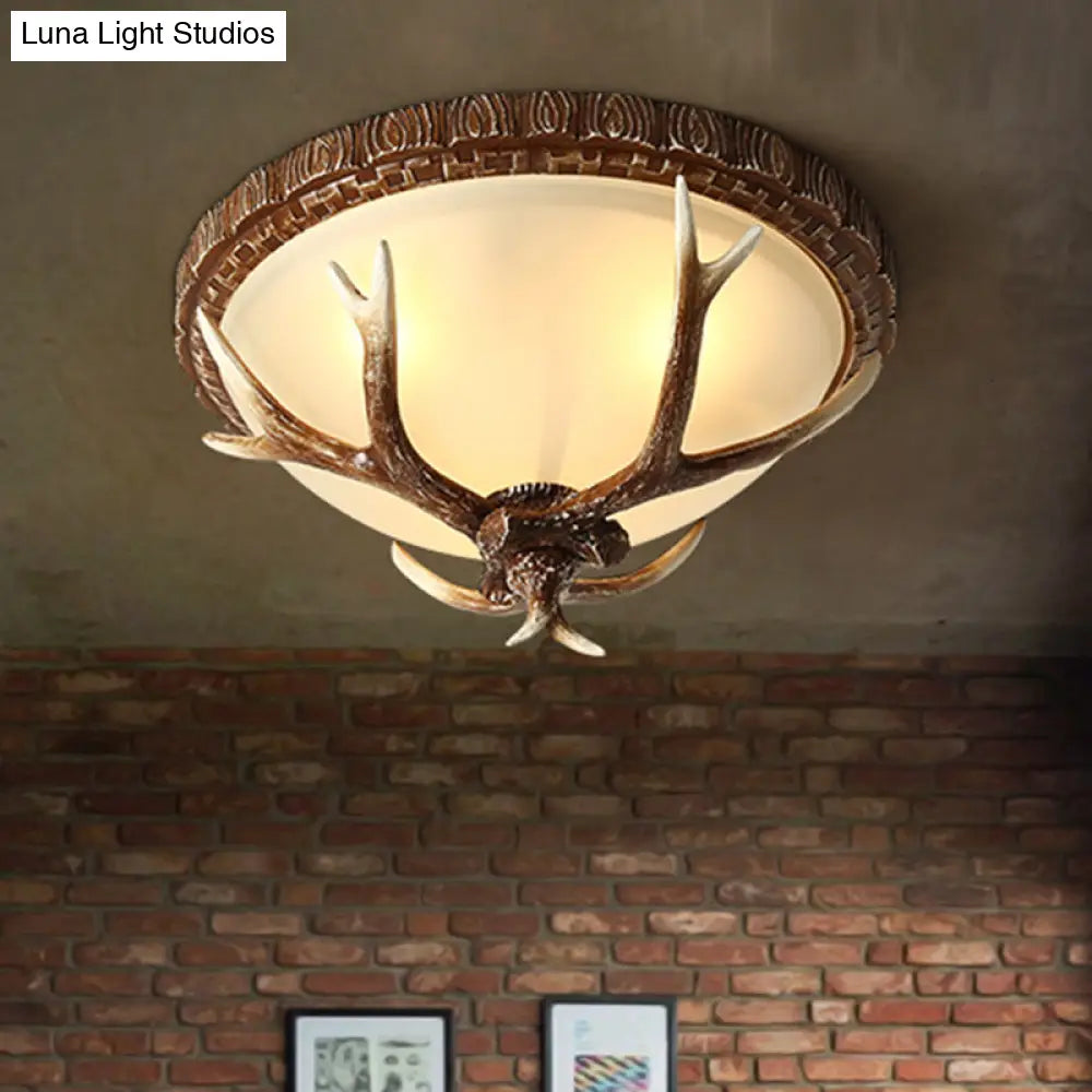 Antler Decorated Traditional Flushmount Ceiling Light With Frost Glass - 3 Heads For Restaurants