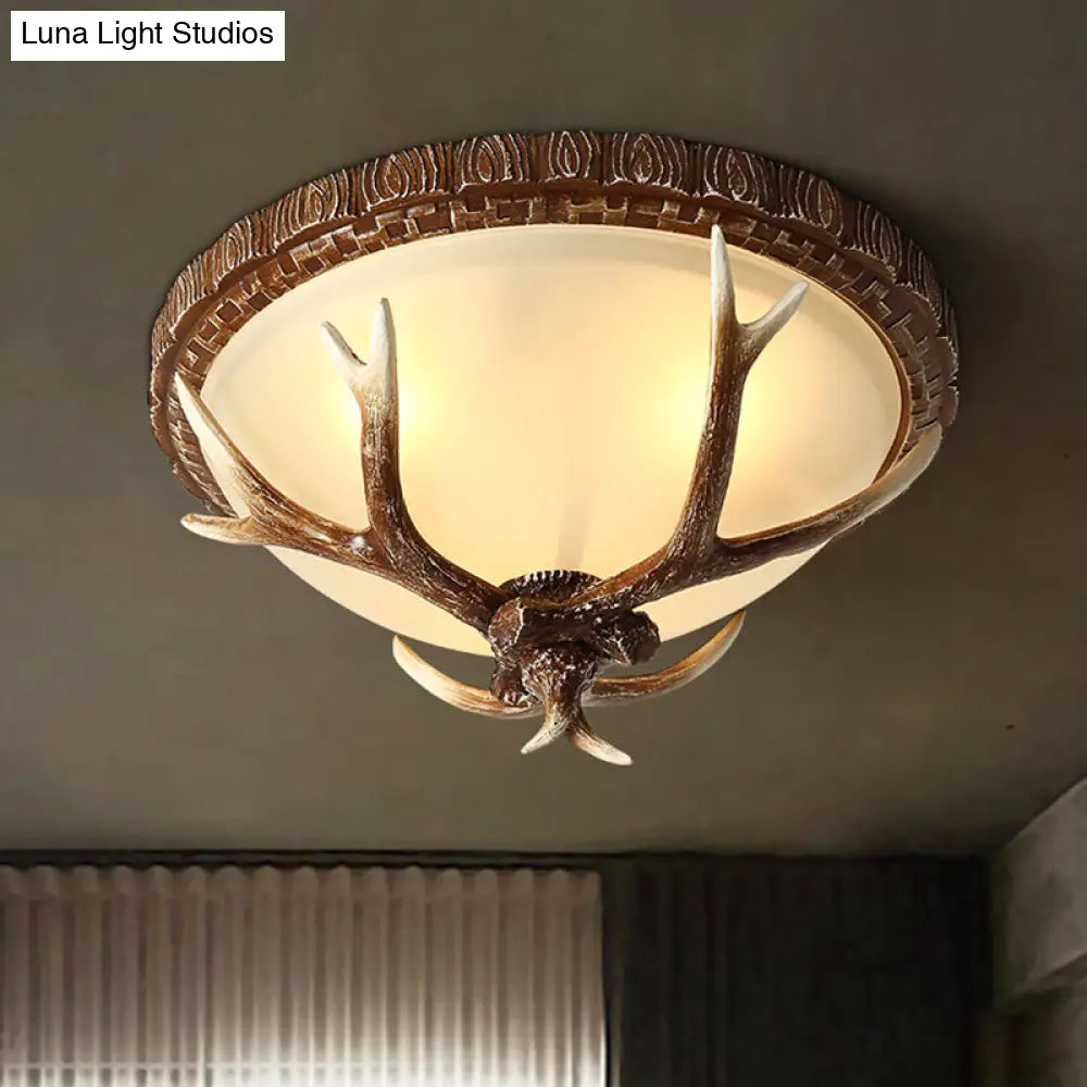 Antler Decorated Traditional Flushmount Ceiling Light With Frost Glass - 3 Heads For Restaurants