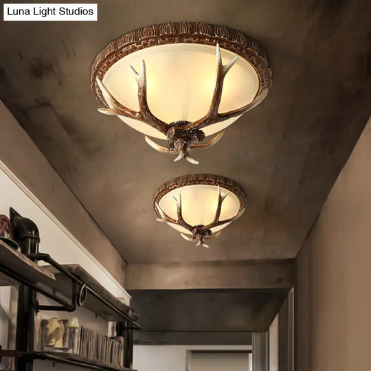 Antler Decorated Traditional Flushmount Ceiling Light With Frost Glass - 3 Heads For Restaurants