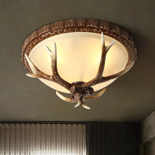 Antler Decorated Traditional Flushmount Ceiling Light With Frost Glass - 3 Heads For Restaurants