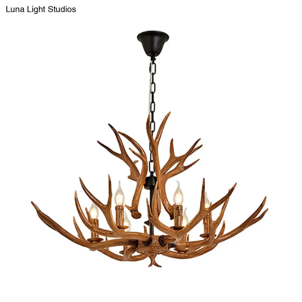 Antler Design Hanging Chandelier: Rustic 6-Light Pendant Lamp In Brown