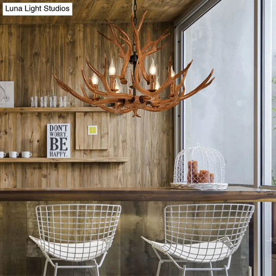 Antler Design Hanging Chandelier: Rustic 6-Light Pendant Lamp In Brown