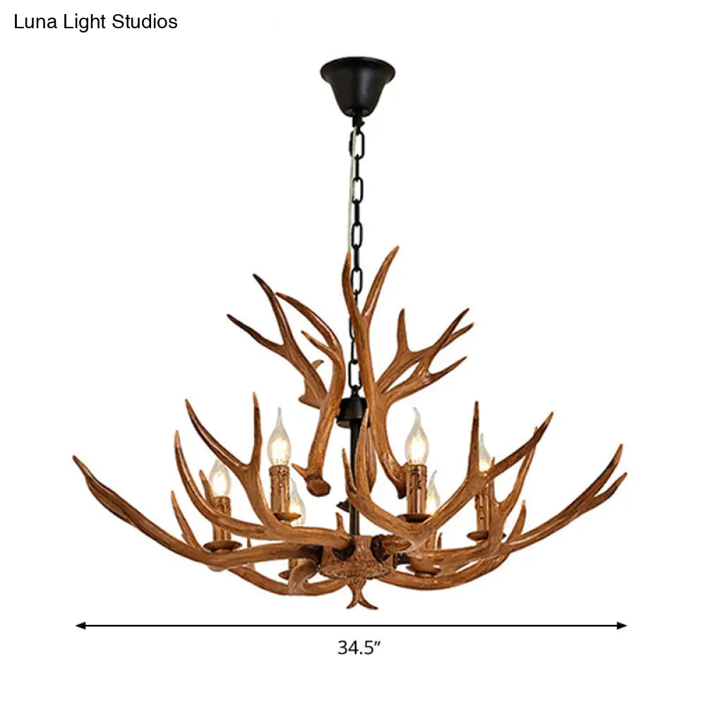 Antler Design Hanging Chandelier: Rustic 6-Light Pendant Lamp In Brown