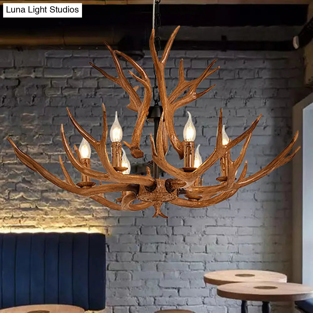 Antler Design Hanging Chandelier: Rustic 6-Light Pendant Lamp In Brown