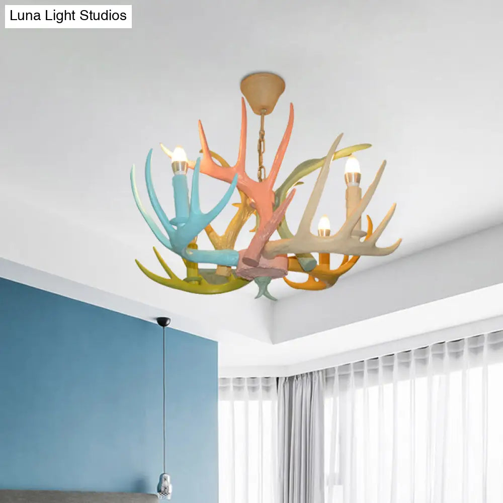 Antler Macaron Ceiling Chandelier - Resin 4/6 Bulbs Child Room Lighting In Blue-Pink-Yellow