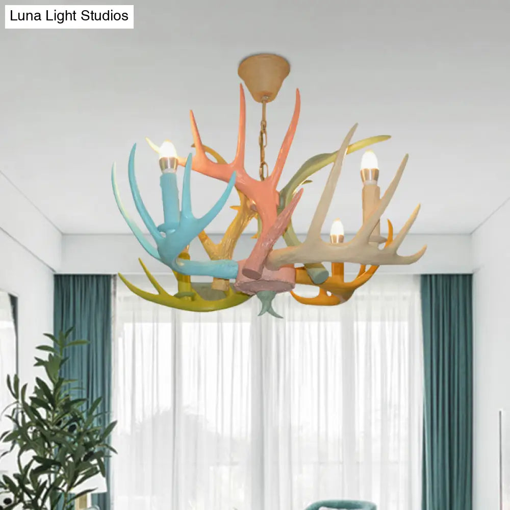 Antler Macaron Ceiling Chandelier - Resin 4/6 Bulbs Child Room Lighting In Blue-Pink-Yellow