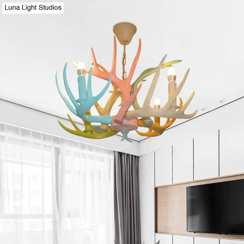 Antler Macaron Ceiling Chandelier - Resin 4/6 Bulbs Child Room Lighting In Blue-Pink-Yellow