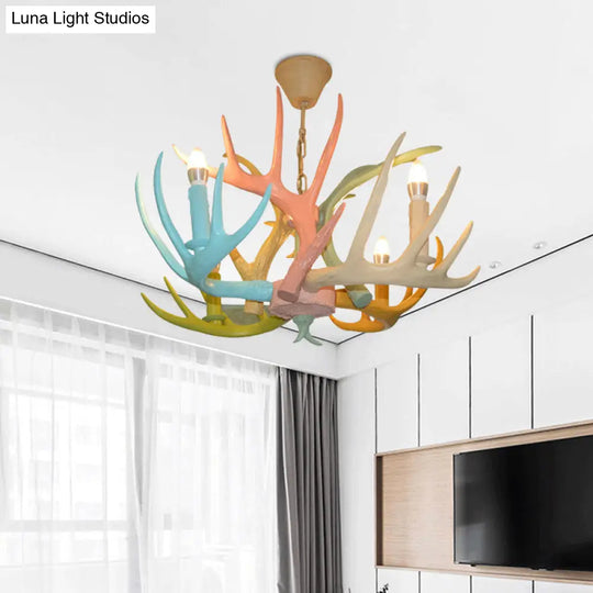 Antler Macaron Ceiling Chandelier - Resin 4/6 Bulbs Child Room Lighting In Blue-Pink-Yellow