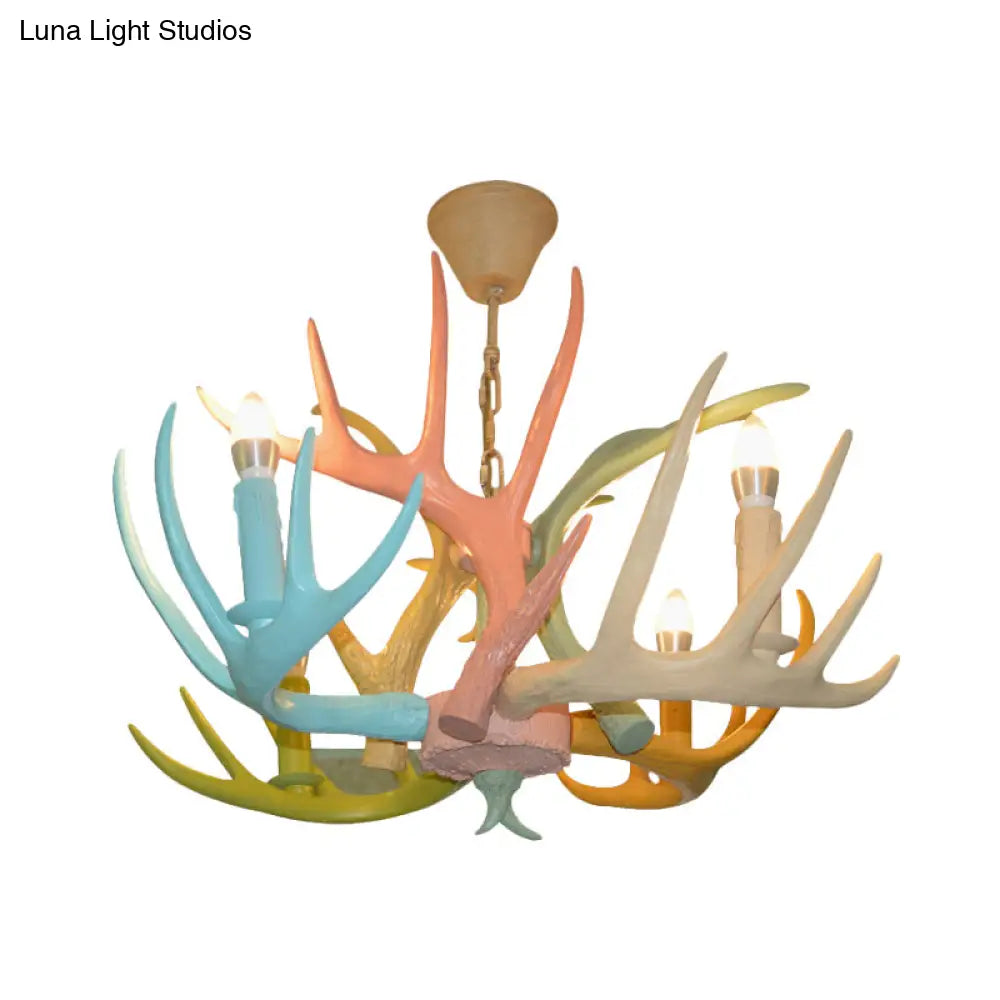 Antler Macaron Ceiling Chandelier - Resin 4/6 Bulbs Child Room Lighting In Blue-Pink-Yellow