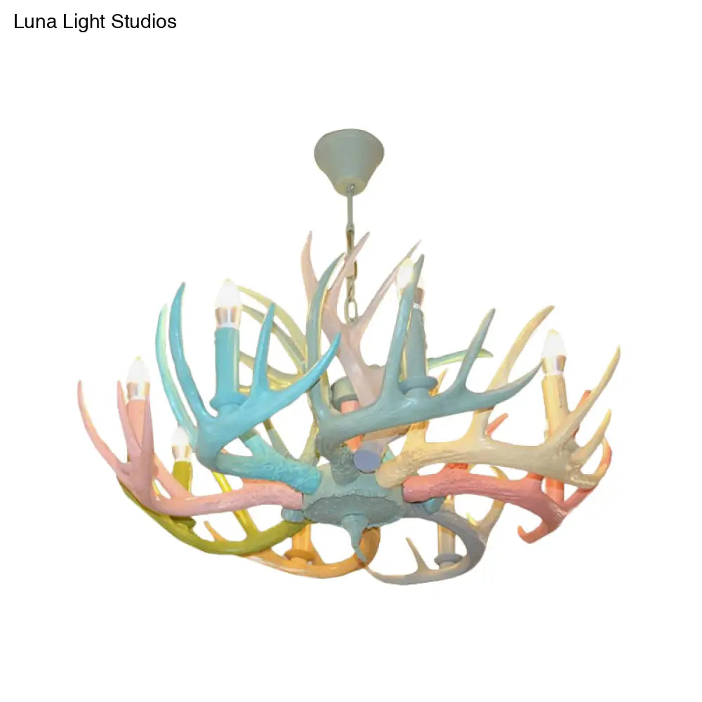 Antler Macaron Ceiling Chandelier - Resin 4/6 Bulbs Child Room Lighting In Blue-Pink-Yellow