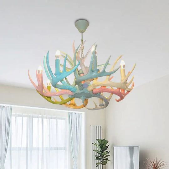 Antler Macaron Ceiling Chandelier - Resin 4/6 Bulbs Child Room Lighting In Blue-Pink-Yellow 6 /