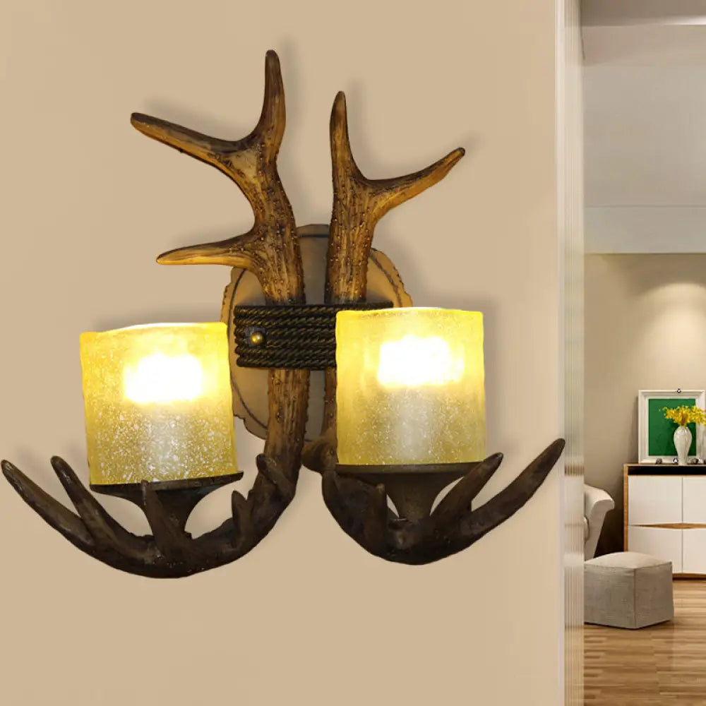 Antler Resin Sconce: Traditional 2-Light Wall Lamp For Bedroom In Wood